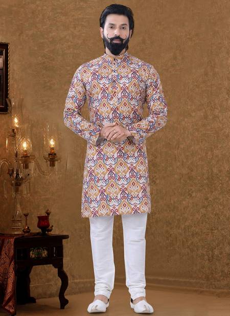 Peach Colour New Printed Ethnic Wear Cotton Mens Kurta Pajama Collection KS 1544